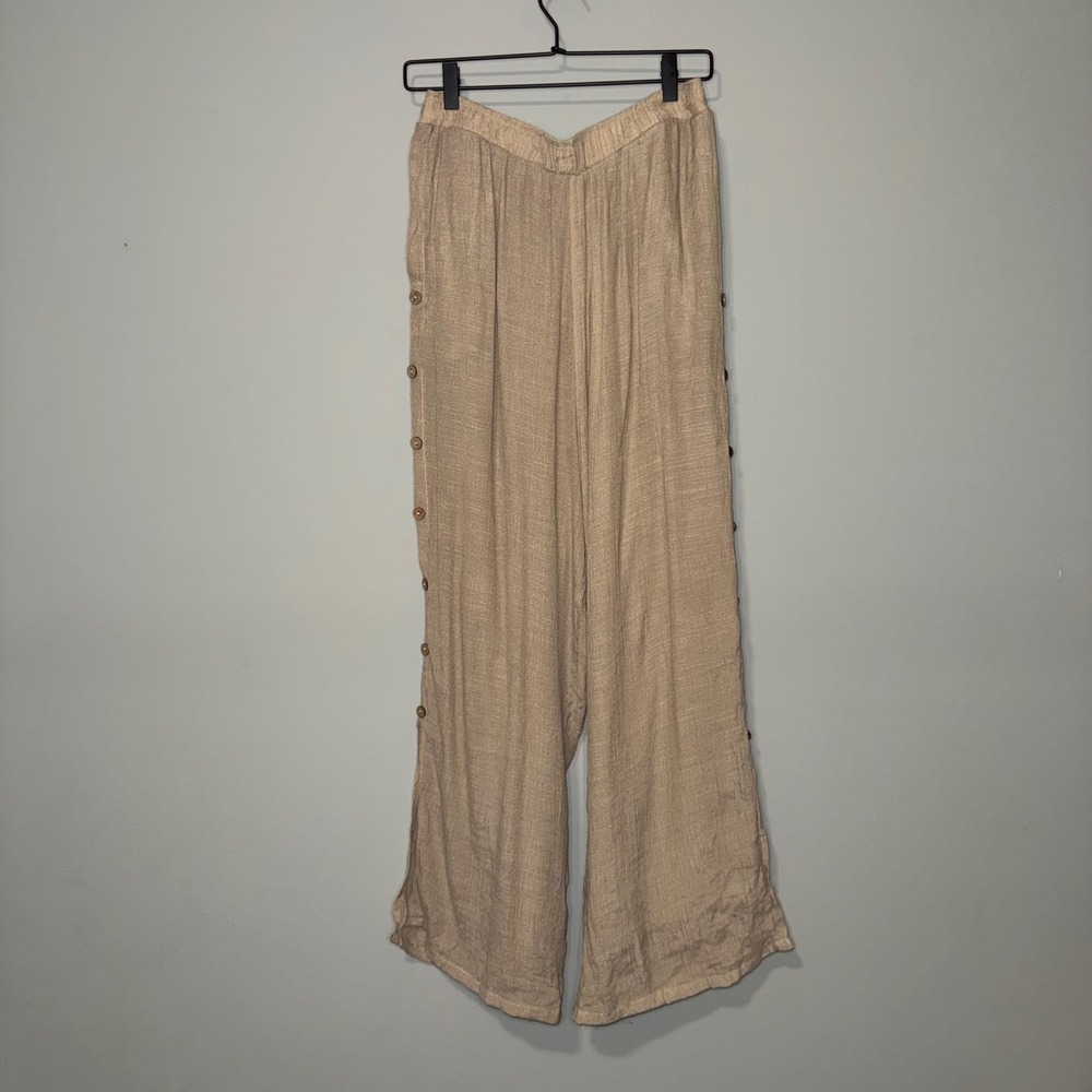 Papa Vancouver Womens Tan Wide Leg Button Side Textured Pants Large Relaxed Boho